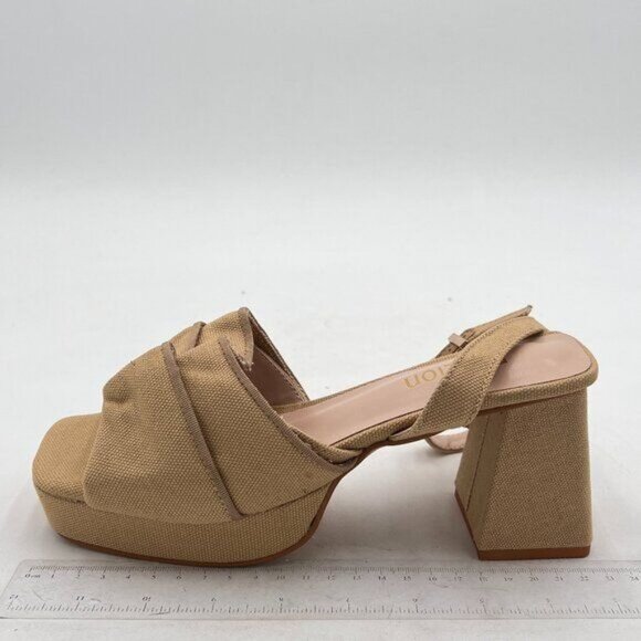 Pazzion Khaki Platform Square Toe Pleated Ruffle Chunky High Heels Strap Sandal - Picture 2 of 8